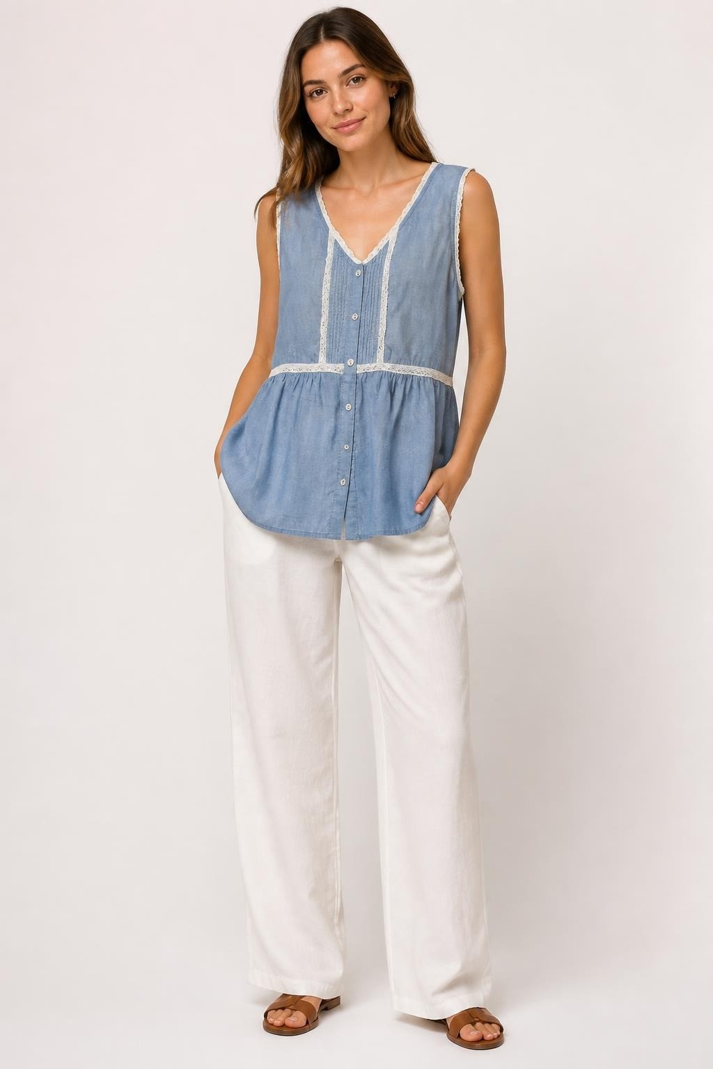 Tommy Hilfiger Blue Sleeveless Peplum Top, Lace Trim - pre-loved at Why Go Less, Lebanon