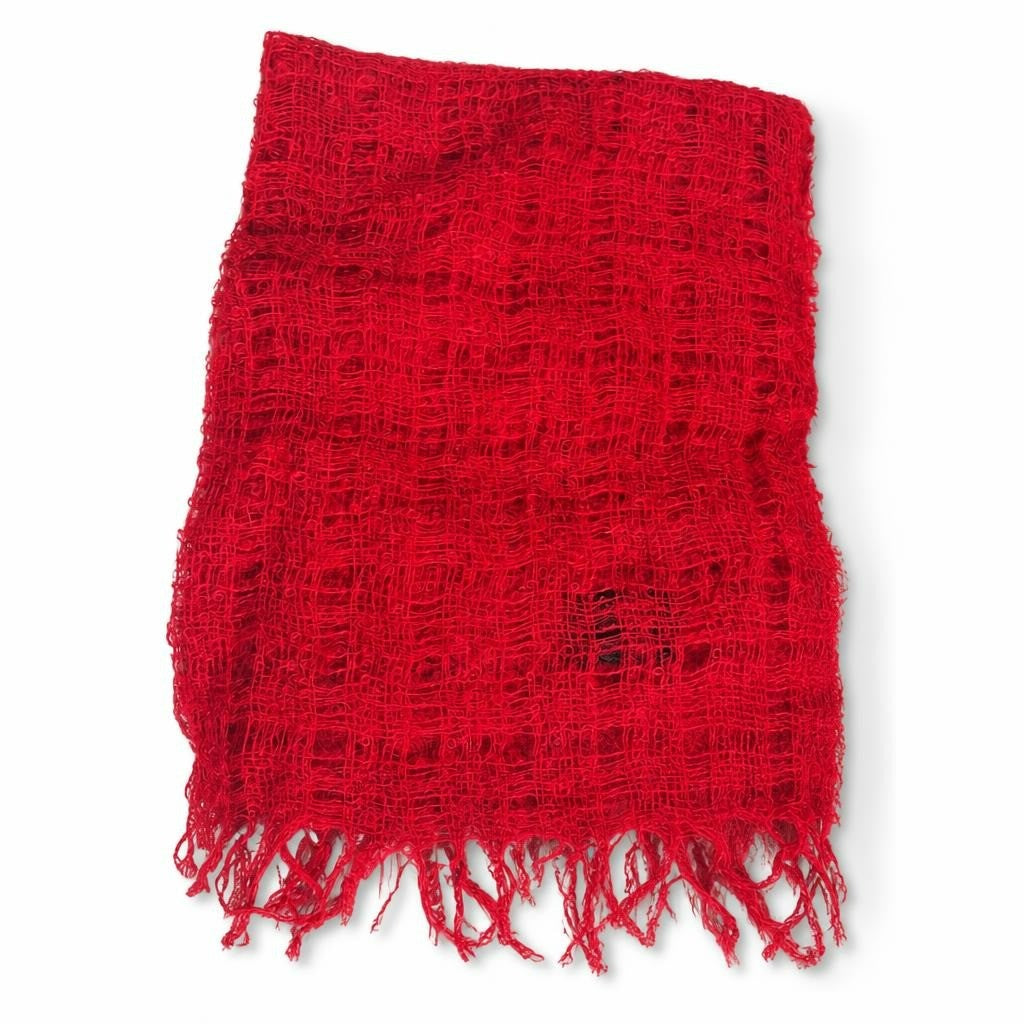 Red Open-weave Fringed Scarf Wrap - pre-loved at Why Go Less, Lebanon