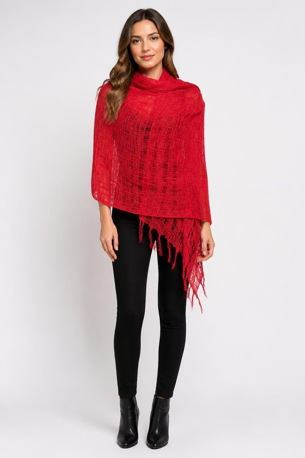Red Open-weave Fringed Scarf Wrap - pre-loved at Why Go Less, Lebanon