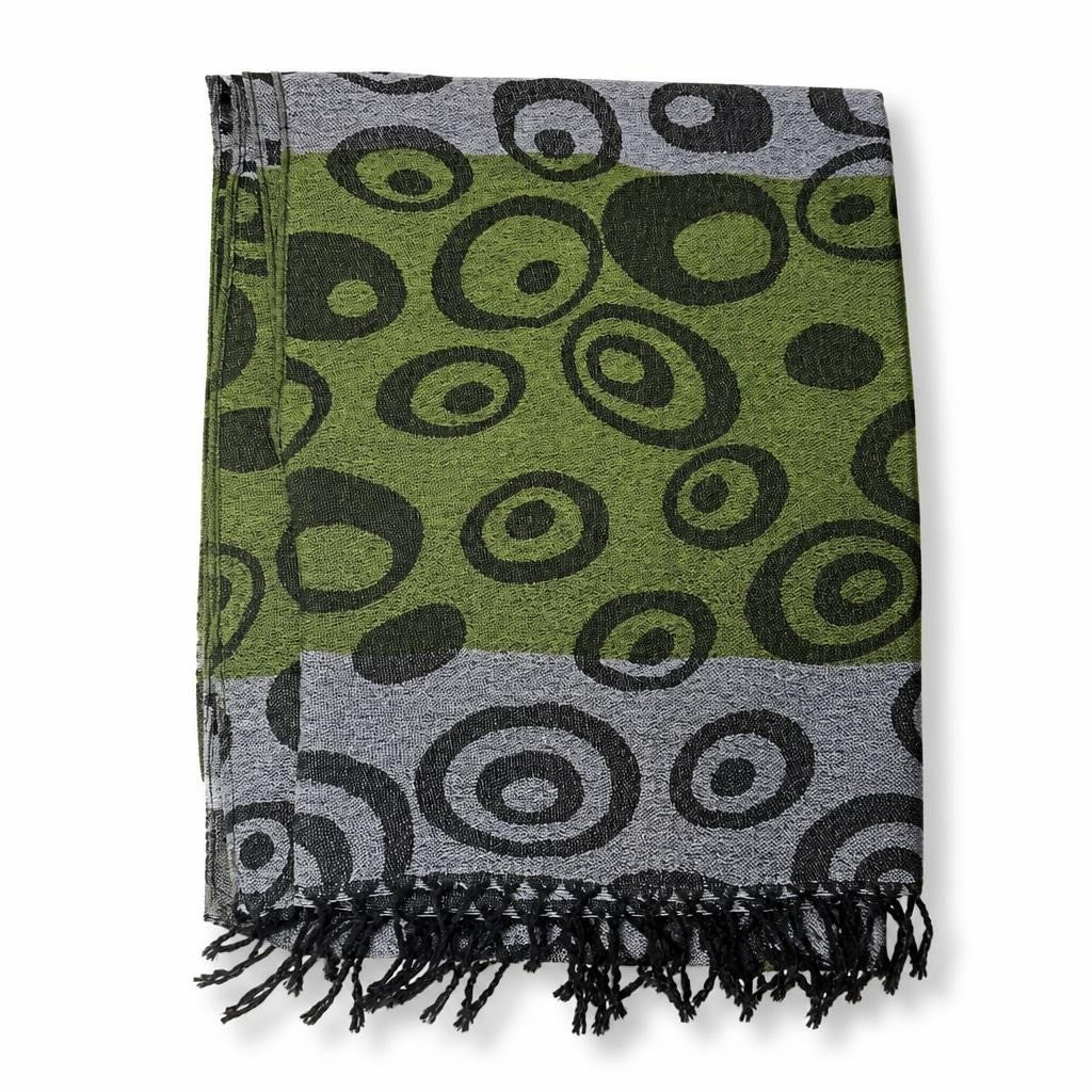 Green Grey Circle-print Fringed Scarf - pre-loved at Why Go Less, Lebanon