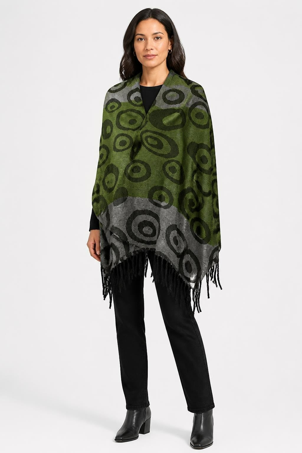 Green Grey Circle-print Fringed Scarf - pre-loved at Why Go Less, Lebanon