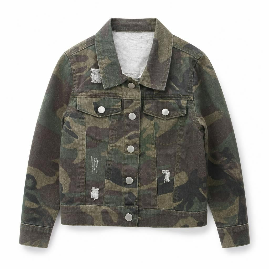 Camo Distressed Denim Jacket Kids 2-3Y - pre-loved at Why Go Less, Lebanon
