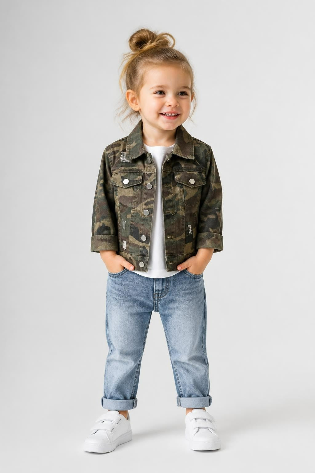 Camo Distressed Denim Jacket Kids 2-3Y - pre-loved at Why Go Less, Lebanon