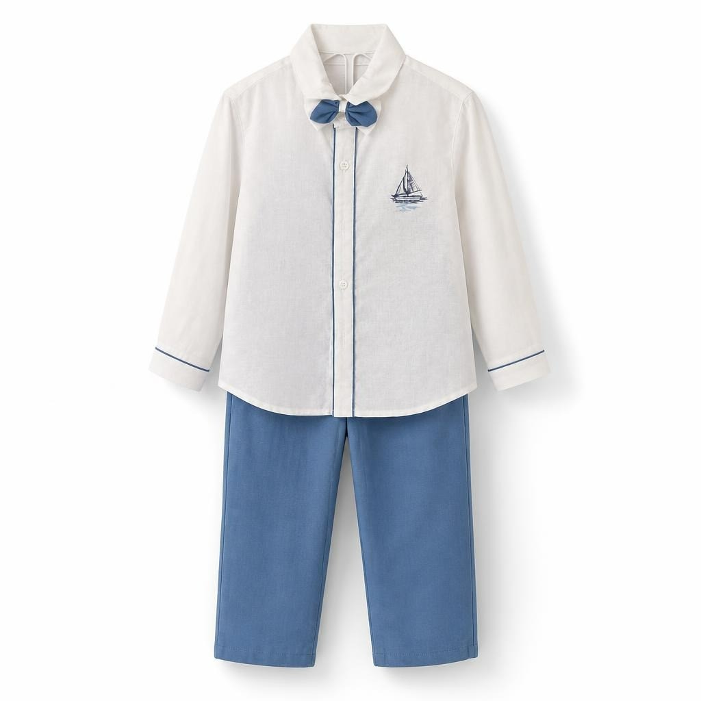 Boys Nautical Shirt Bow Tie Pants Set Blue White - pre-loved at Why Go Less, Lebanon