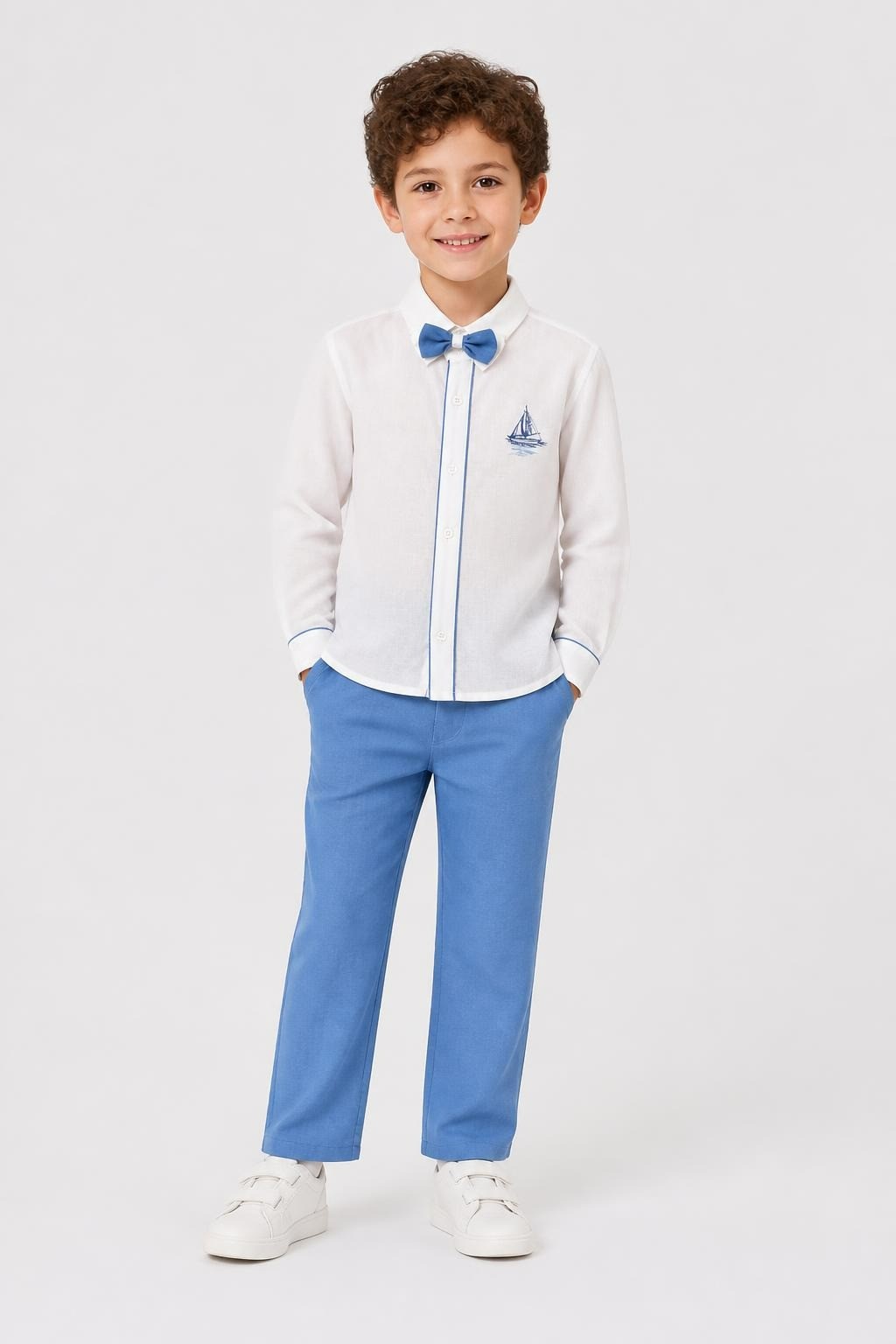 Boys Nautical Shirt Bow Tie Pants Set Blue White - pre-loved at Why Go Less, Lebanon