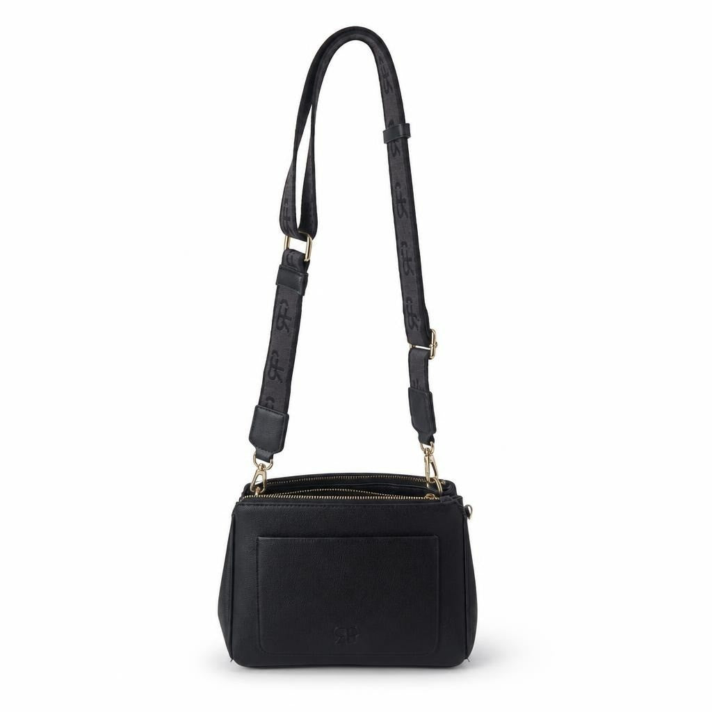 Black Crossbody Bag Gold Hardware Branded Strap - white studio shot, second-hand at Why Go Less, Dekwaneh, Lebanon