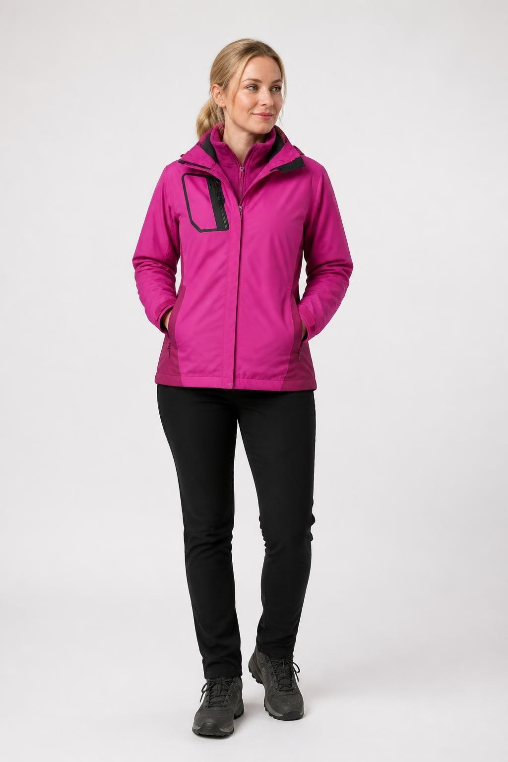 Outdoor Bright Pink Zip-up Winter Jacket - on model shot, second-hand at Why Go Less, Dekwaneh, Lebanon