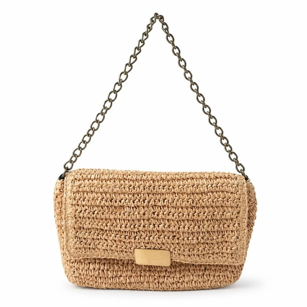 Parfois Natural Straw Woven Flap Bag Gold Chain - white studio shot, second-hand at Why Go Less, Dekwaneh, Lebanon