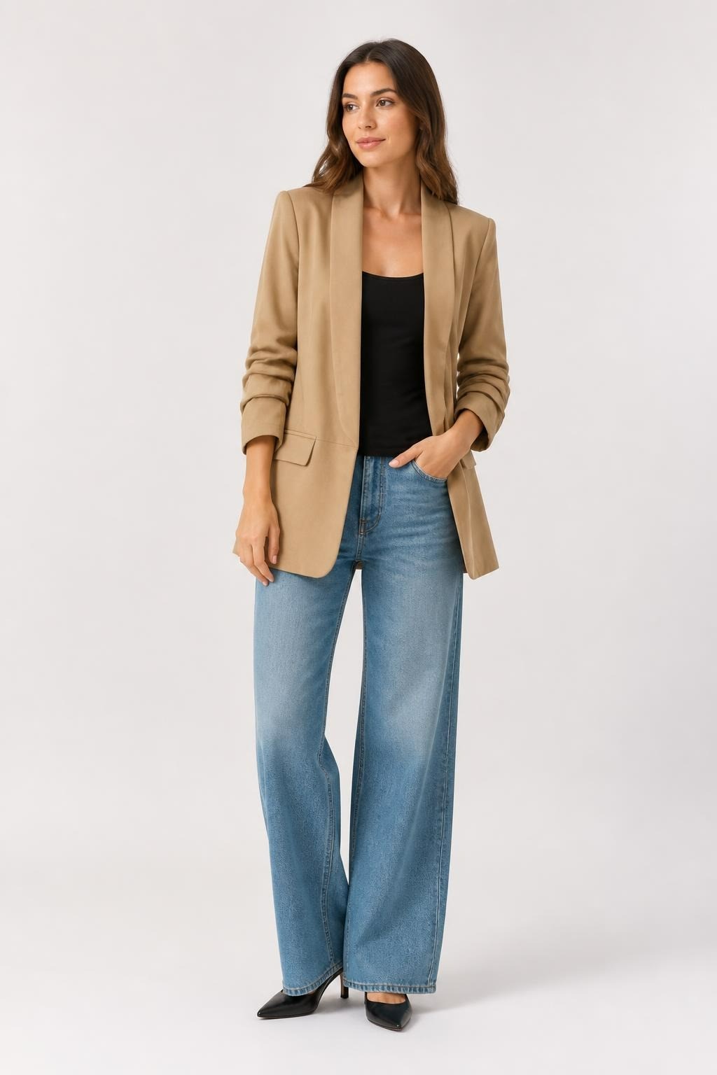 Zara Beige Ruched Sleeve Blazer - pre-loved at Why Go Less, Lebanon