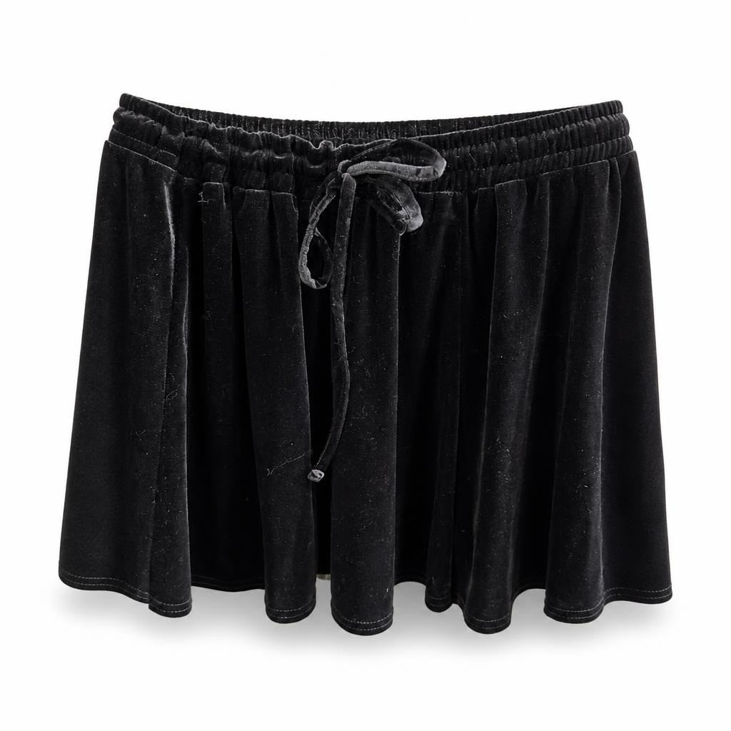 Black Velvet Drawstring Mini Skirt - pre-loved at Why Go Less, Lebanon