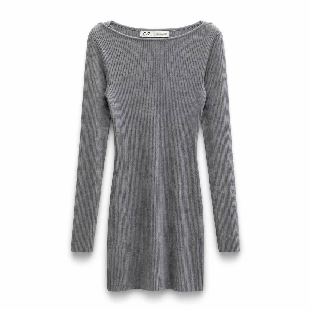 Zara Grey Ribbed Knit Long Sleeve Mini Dress - pre-loved at Why Go Less, Lebanon