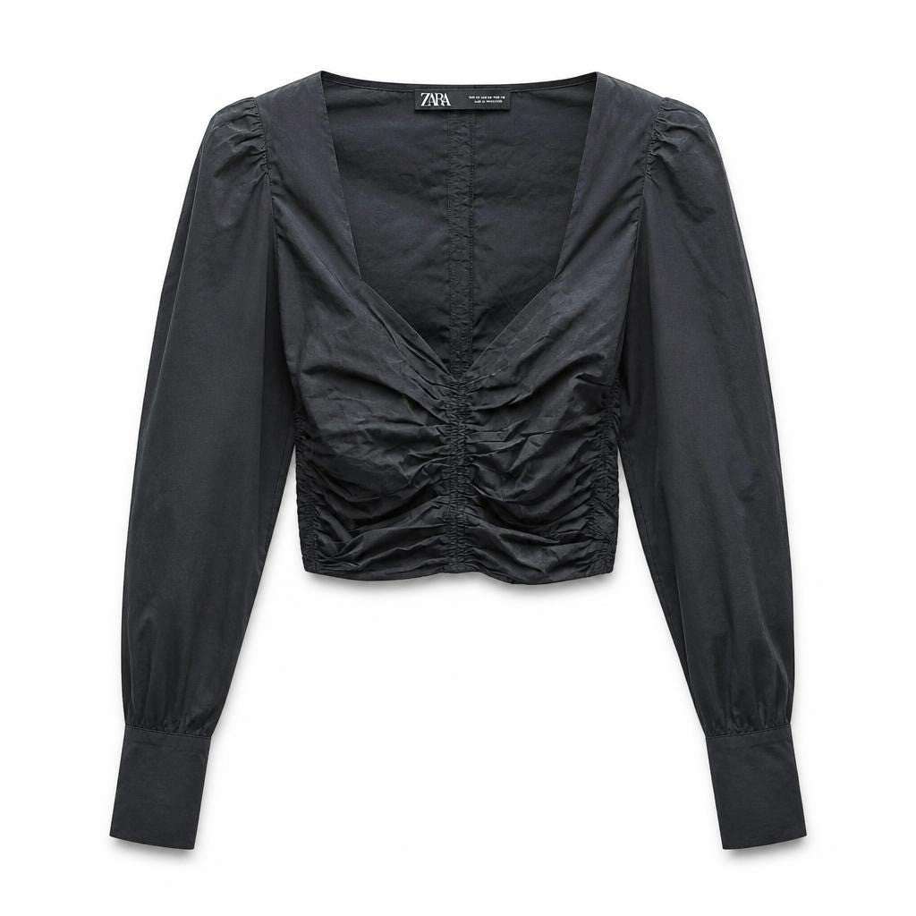 Zara Black Ruched Long Sleeve Crop Top - pre-loved at Why Go Less, Lebanon