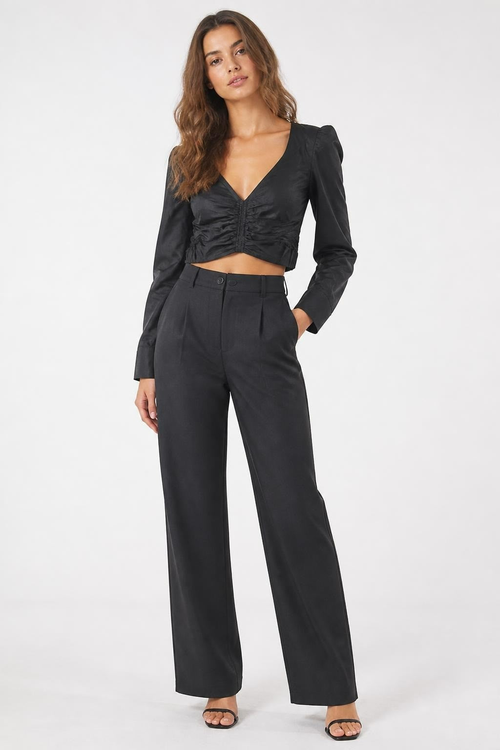 Zara Black Ruched Long Sleeve Crop Top - pre-loved at Why Go Less, Lebanon