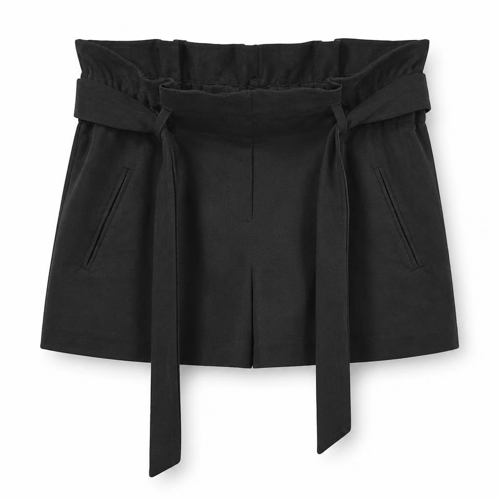 Black Paper-bag Waist Shorts with Tie Belt - pre-loved at Why Go Less, Lebanon