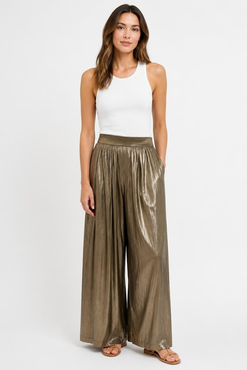 Metallic Bronze Pleated Wide-leg Trousers - pre-loved at Why Go Less, Lebanon