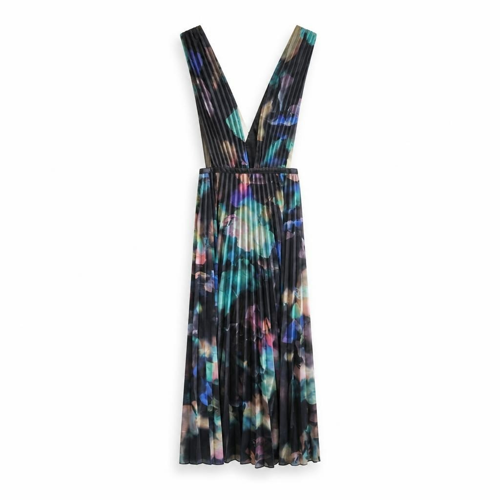 Multicolor Pleated V-neck Maxi Dress - pre-loved at Why Go Less, Lebanon