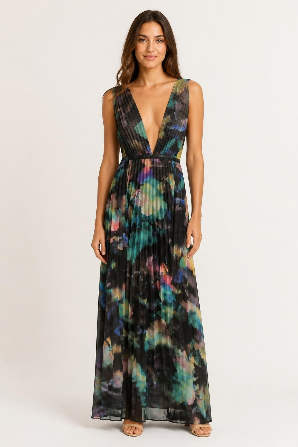 Multicolor Pleated V-neck Maxi Dress - pre-loved at Why Go Less, Lebanon
