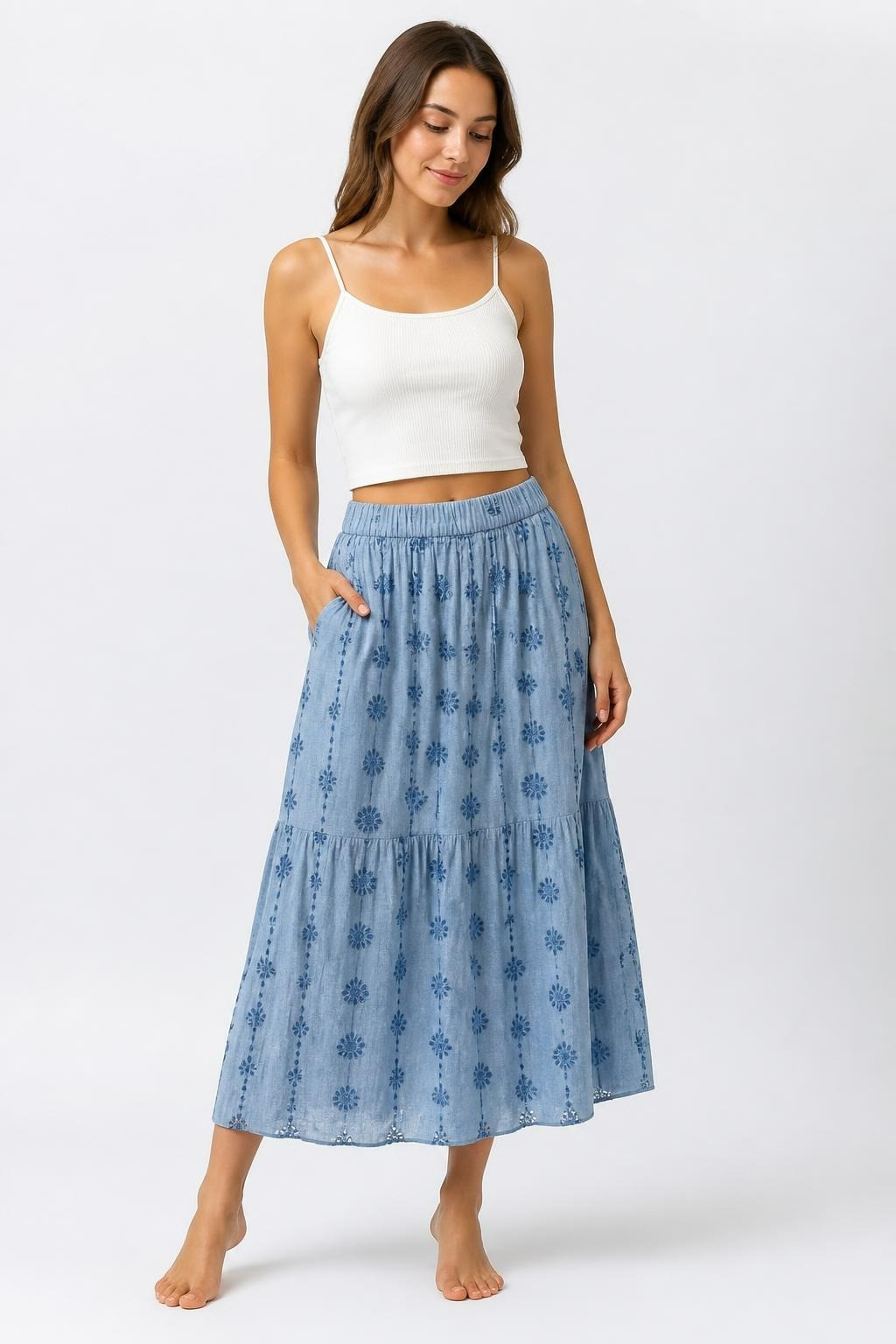 Light Blue Embroidered Boho Maxi Skirt - pre-loved at Why Go Less, Lebanon