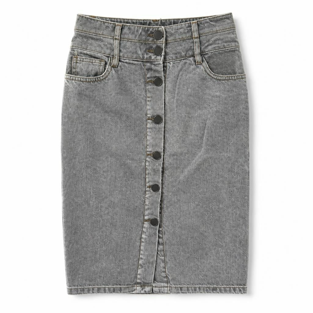 Grey Denim Button-front Midi Skirt - pre-loved at Why Go Less, Lebanon