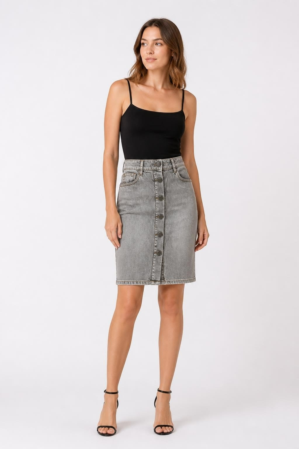 Grey Denim Button-front Midi Skirt - pre-loved at Why Go Less, Lebanon