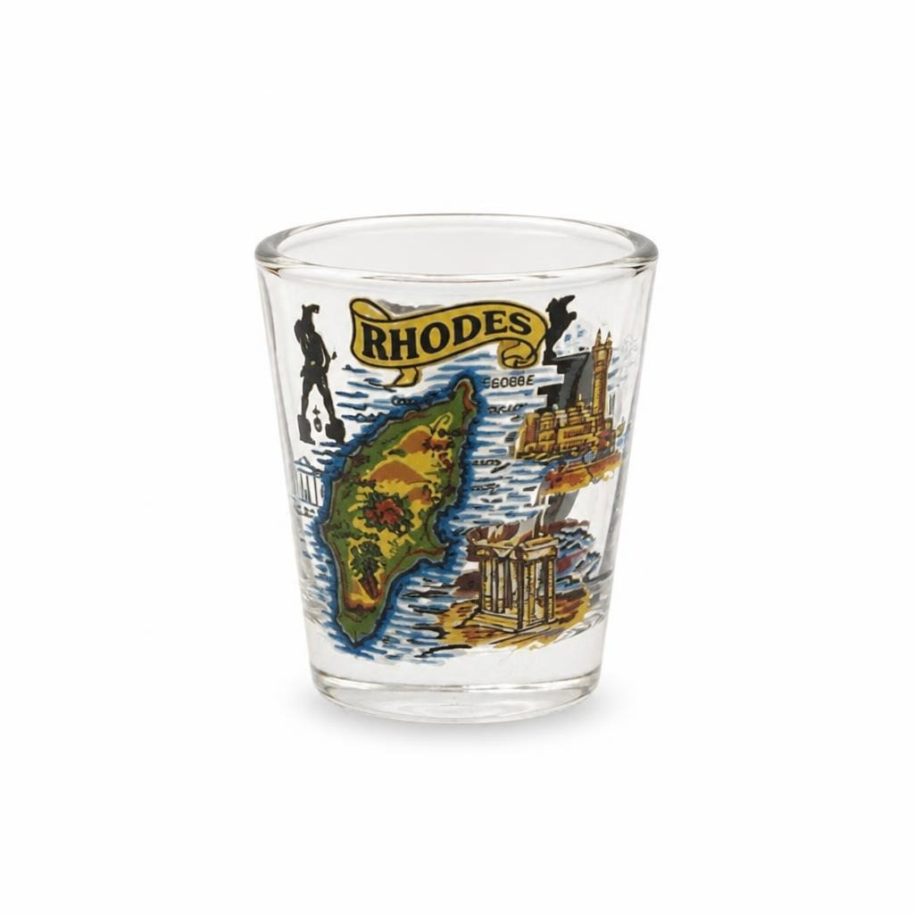 Rhodes Greece Souvenir Shot Glass Gold Map - pre-loved at Why Go Less, Lebanon