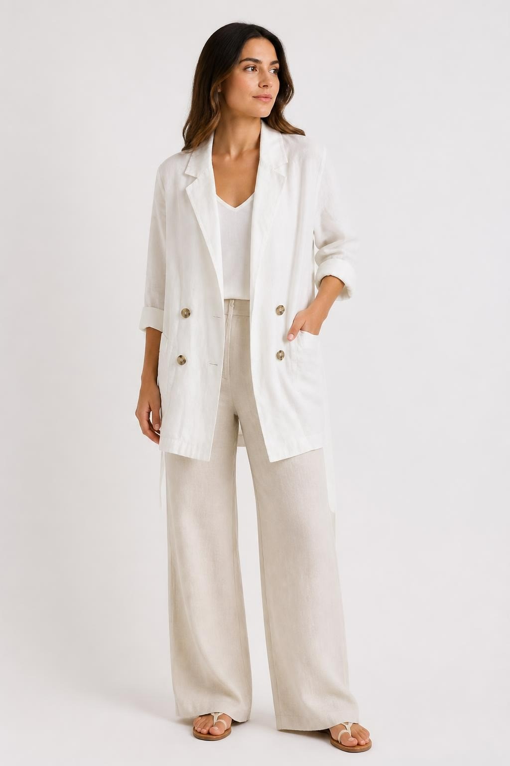 Massimo Dutti White Linen Double-breasted Blazer - pre-loved at Why Go Less, Lebanon