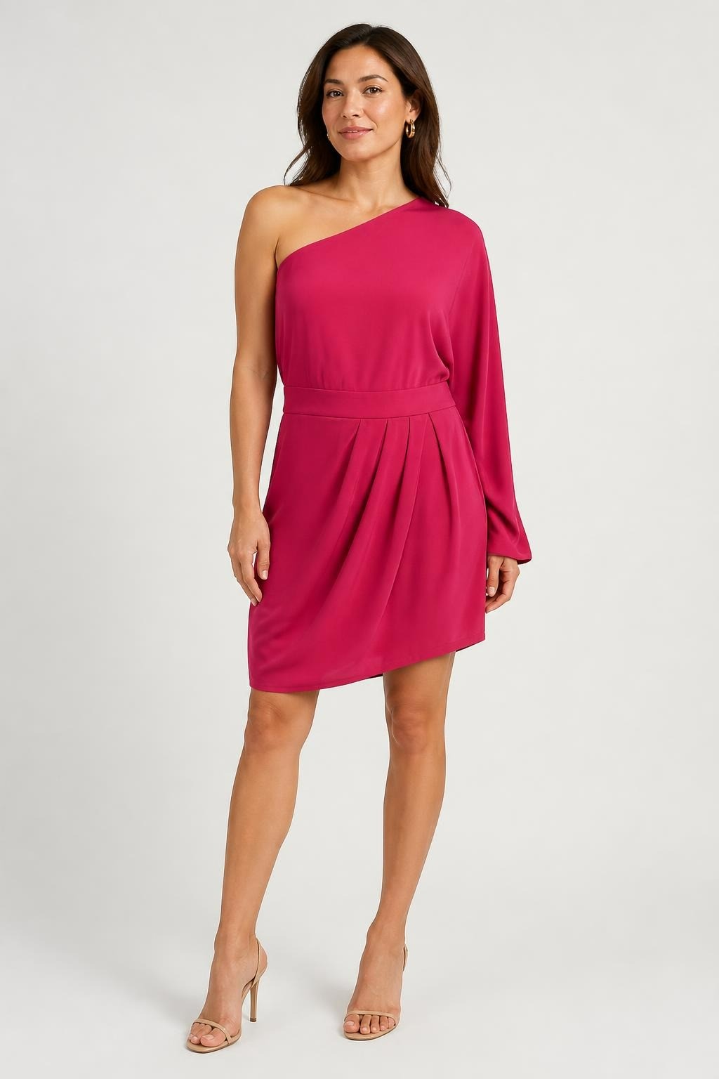 Fuchsia One-shoulder Long-sleeve Made in Italymini Dress - pre-loved at Why Go Less, Lebanon