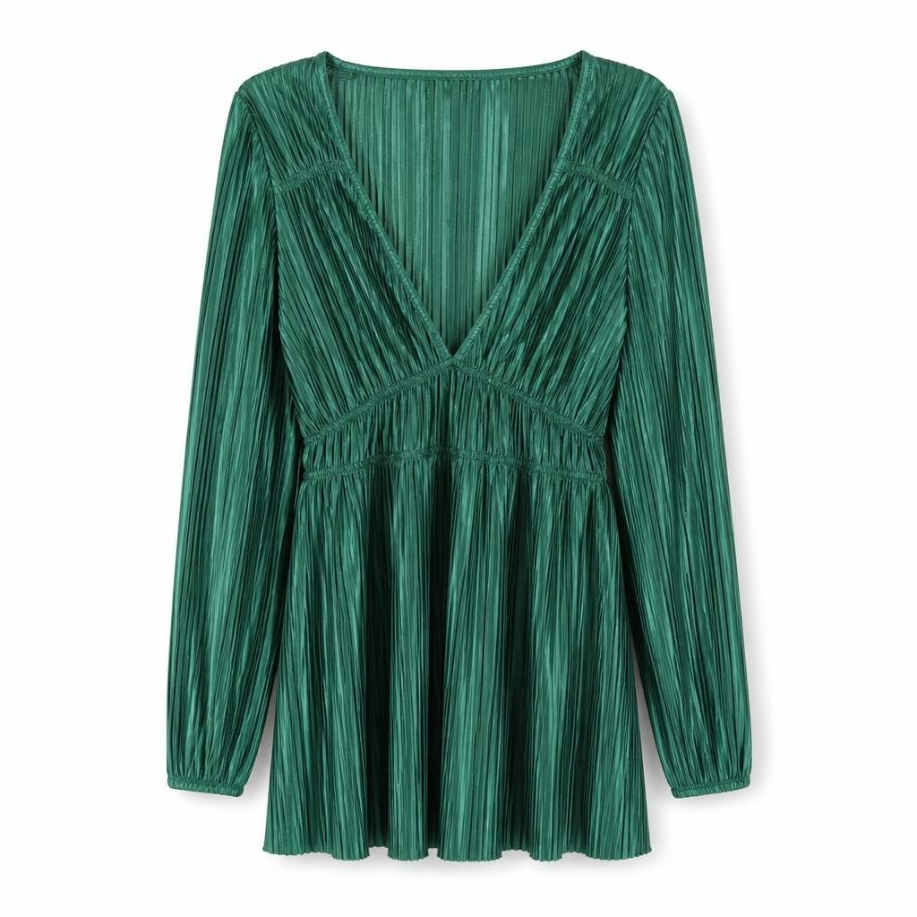 Zara Green Pleated V-neck Long-sleeve Mini Dress - pre-loved at Why Go Less, Lebanon