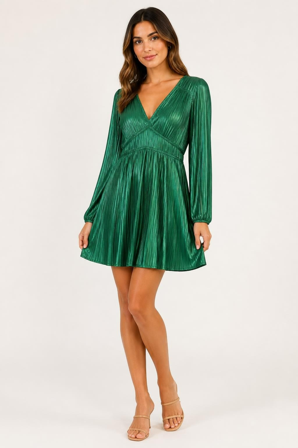 Zara Green Pleated V-neck Long-sleeve Mini Dress - pre-loved at Why Go Less, Lebanon