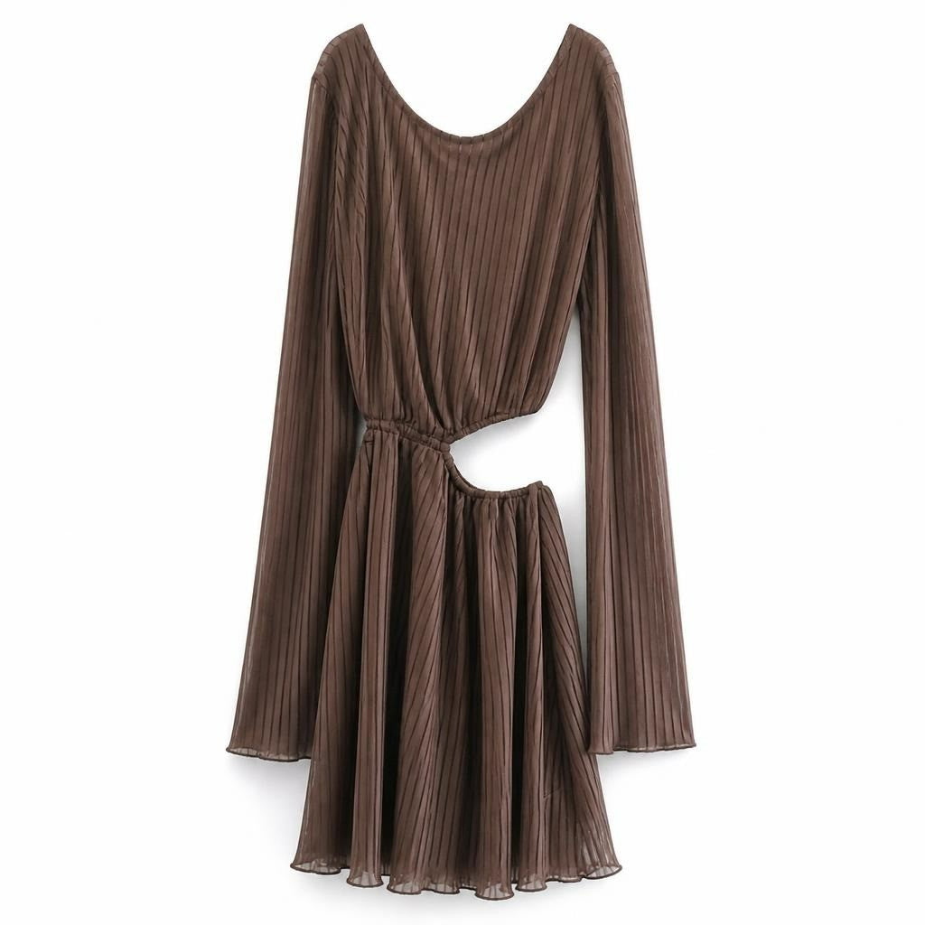 Taupe Pleated Striped Sheer Maxi Dress - pre-loved at Why Go Less, Lebanon