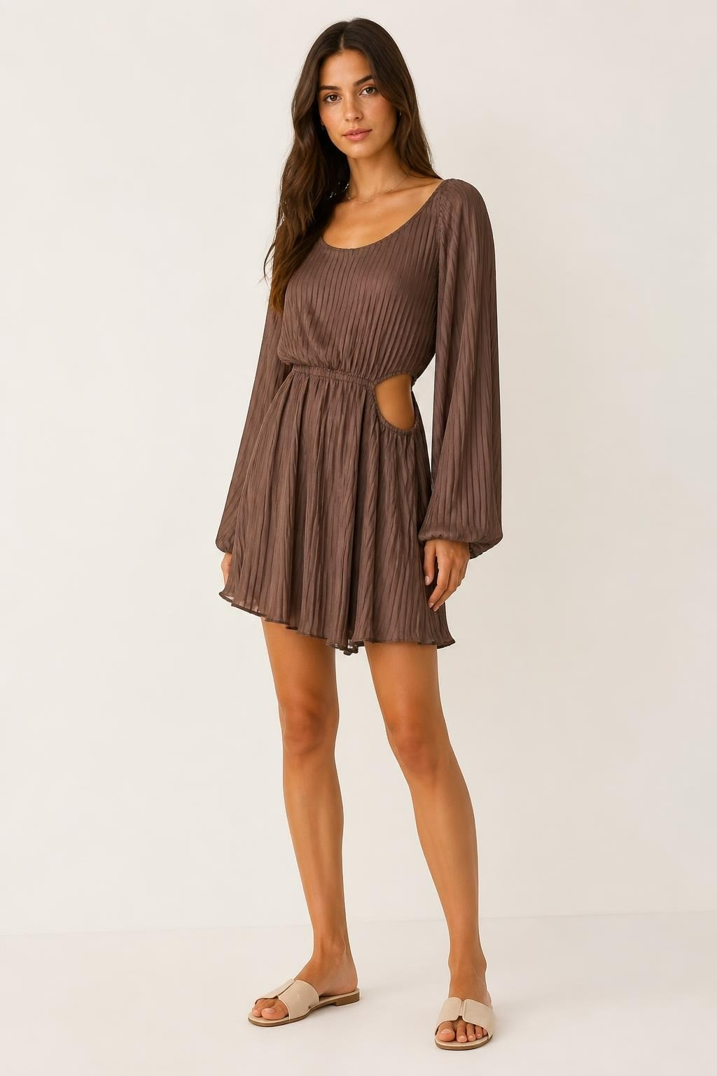 Taupe Pleated Striped Sheer Maxi Dress - pre-loved at Why Go Less, Lebanon