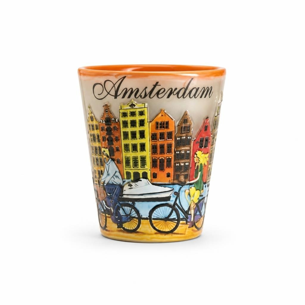 Amsterdam Cityscape Souvenir Shot Glass Orange - pre-loved at Why Go Less, Lebanon