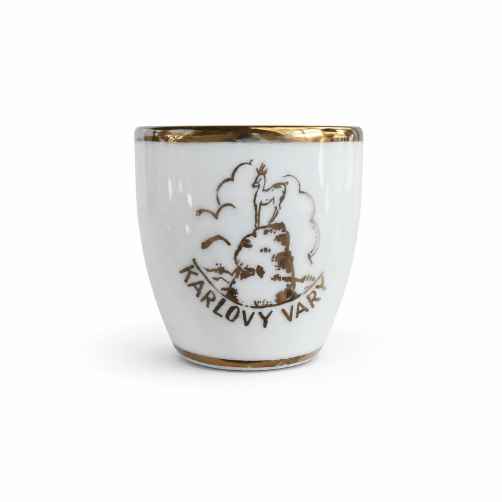 Karlovy Vary White Ceramic Souvenir Shot Cup - pre-loved at Why Go Less, Lebanon