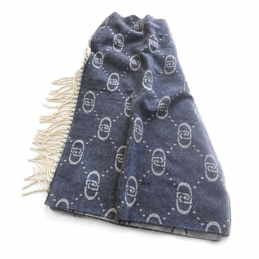 Blue Monogram Logo Scarf with Fringe - pre-loved at Why Go Less, Lebanon