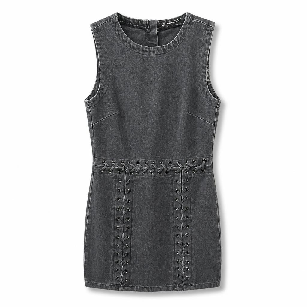 Zara Grey Washed Denim Lace-up Mini Dress - pre-loved at Why Go Less, Lebanon