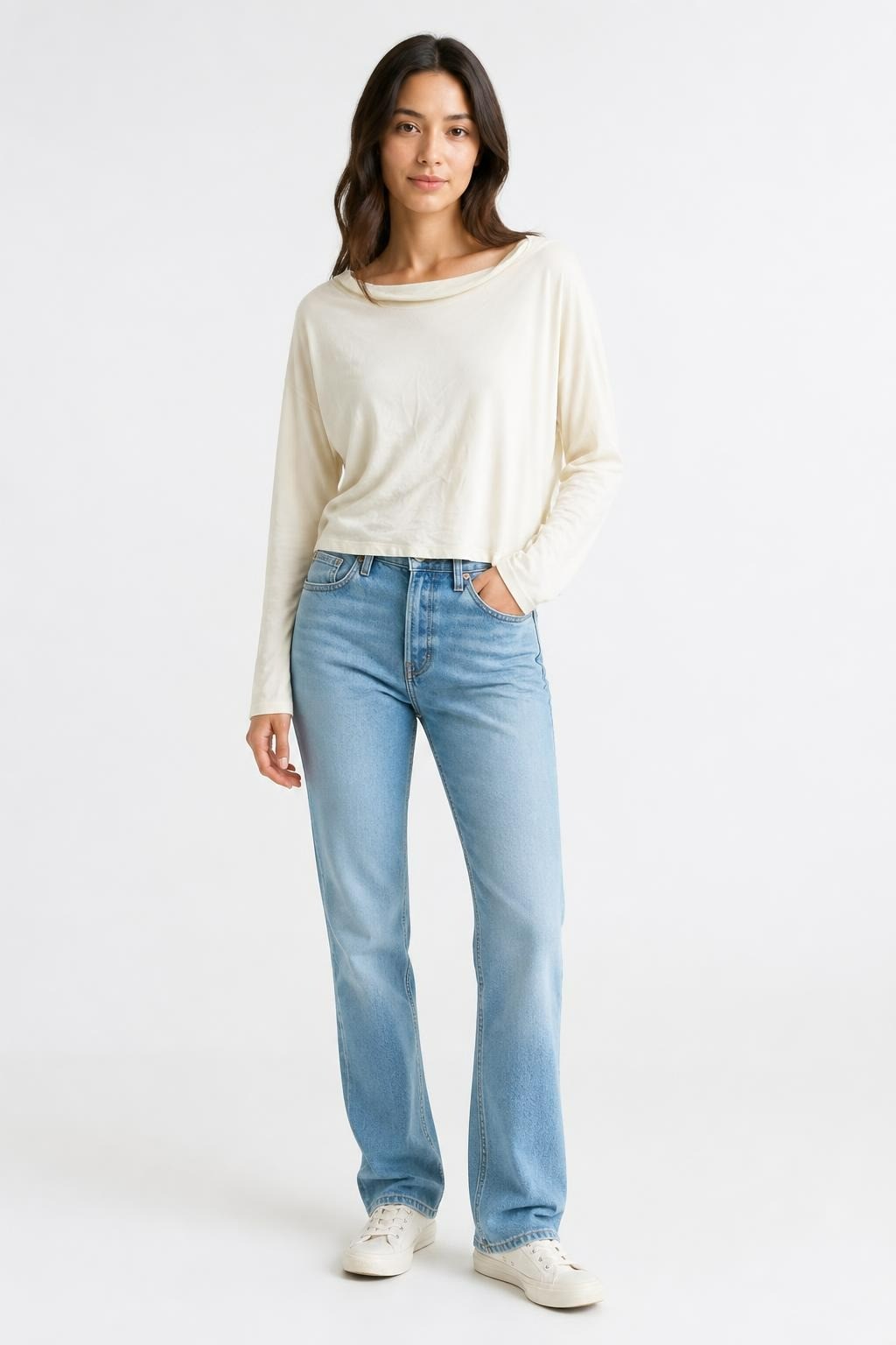 White Long-sleeve Crop Top, Off-shoulder, Cream - pre-loved at Why Go Less, Lebanon