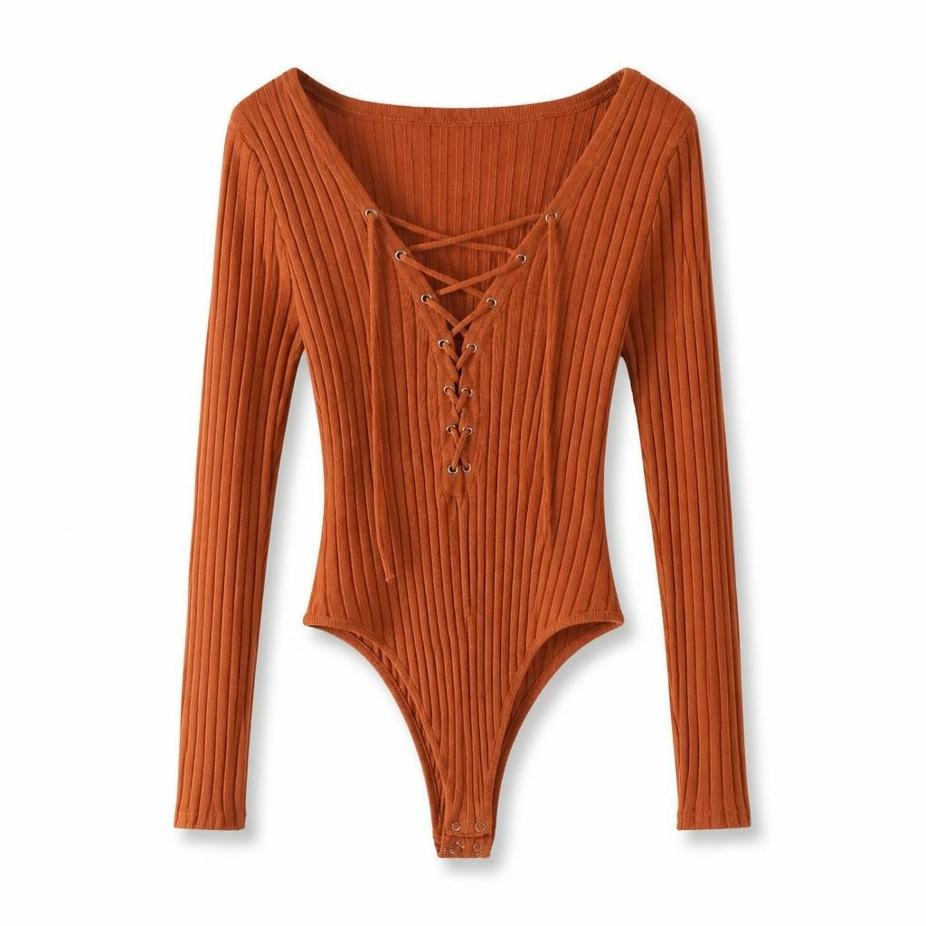 Forever 21 Rust Lace-up Ribbed Bodysuit LS - pre-loved at Why Go Less, Lebanon