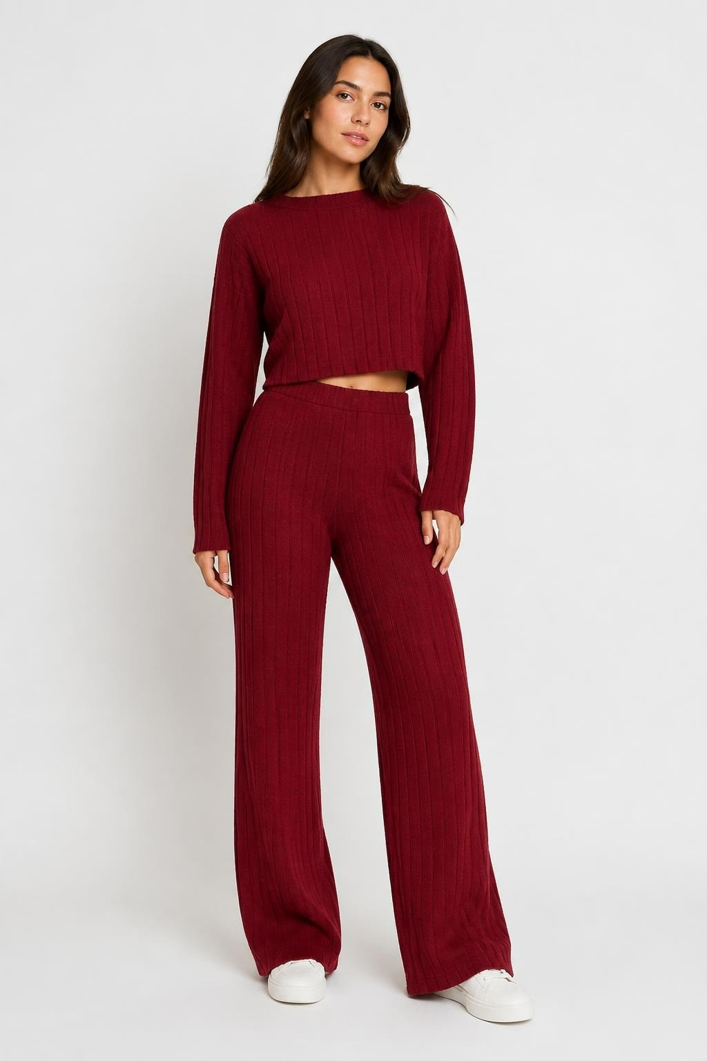 Dark Red Ribbed Knit Crop Top and Wide-leg Set - pre-loved at Why Go Less, Lebanon