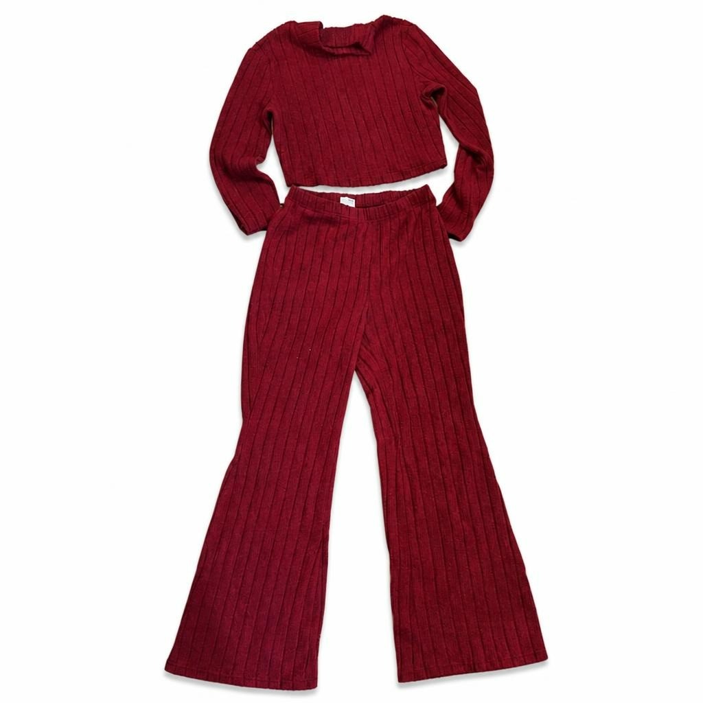 Dark Red Ribbed Knit Crop Top and Wide-leg Set - pre-loved at Why Go Less, Lebanon