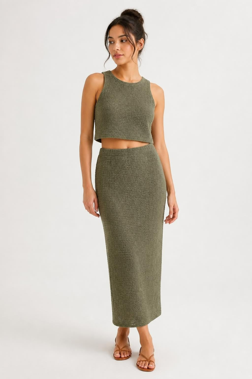 Olive Green Waffle Knit Crop Top & Midi Skirt Set - pre-loved at Why Go Less, Lebanon