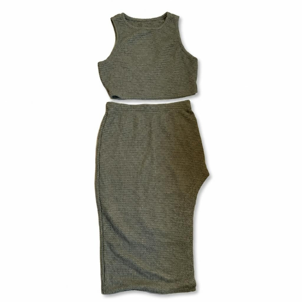 Olive Green Waffle Knit Crop Top & Midi Skirt Set - pre-loved at Why Go Less, Lebanon