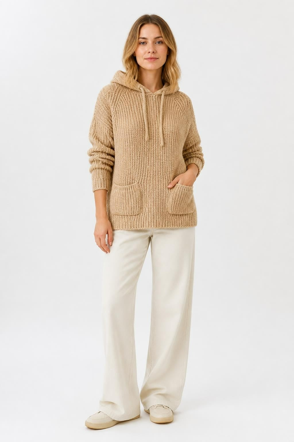 Beige Knit Hoodie Sweater, Drawstring, Pockets - pre-loved at Why Go Less, Lebanon