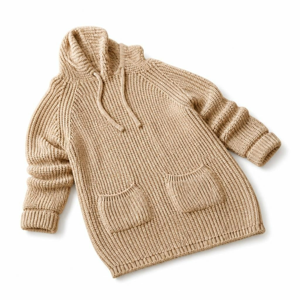 Beige Knit Hoodie Sweater, Drawstring, Pockets - pre-loved at Why Go Less, Lebanon