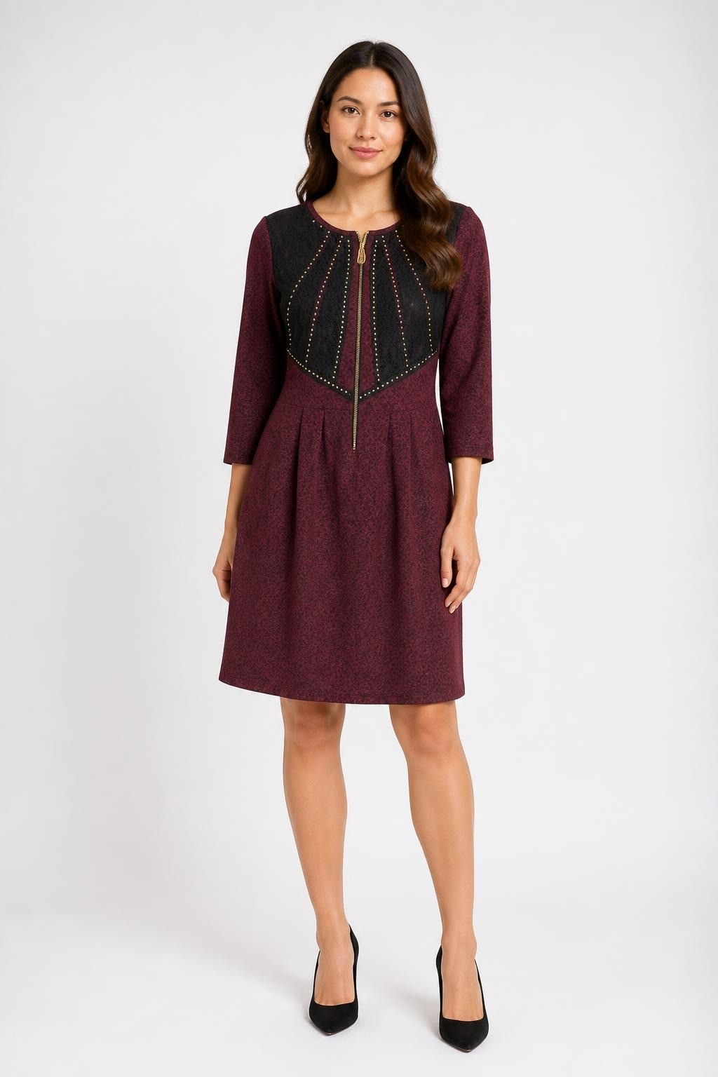 Burgundy Lace Studded Zip Mini Dress, 3/4 Sleeve - pre-loved at Why Go Less, Lebanon
