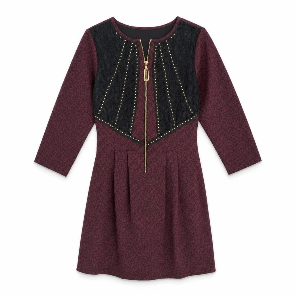 Burgundy Lace Studded Zip Mini Dress, 3/4 Sleeve - pre-loved at Why Go Less, Lebanon