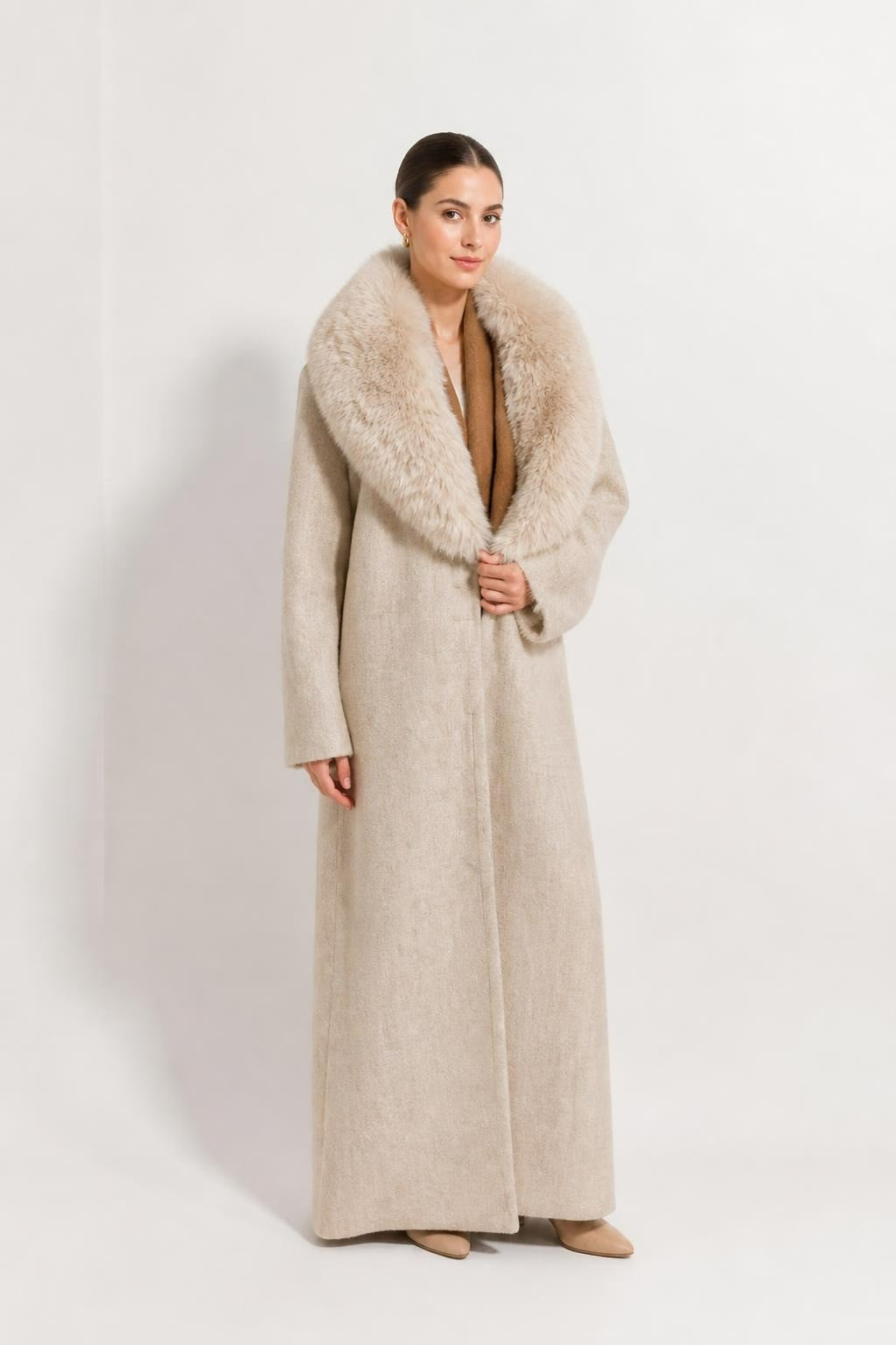 Fur Collar Long Beige Knit Cardigan Vest - pre-loved at Why Go Less, Lebanon