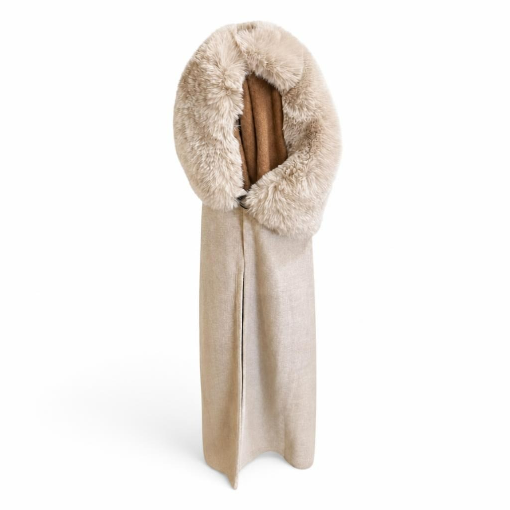 Fur Collar Long Beige Knit Cardigan Vest - pre-loved at Why Go Less, Lebanon