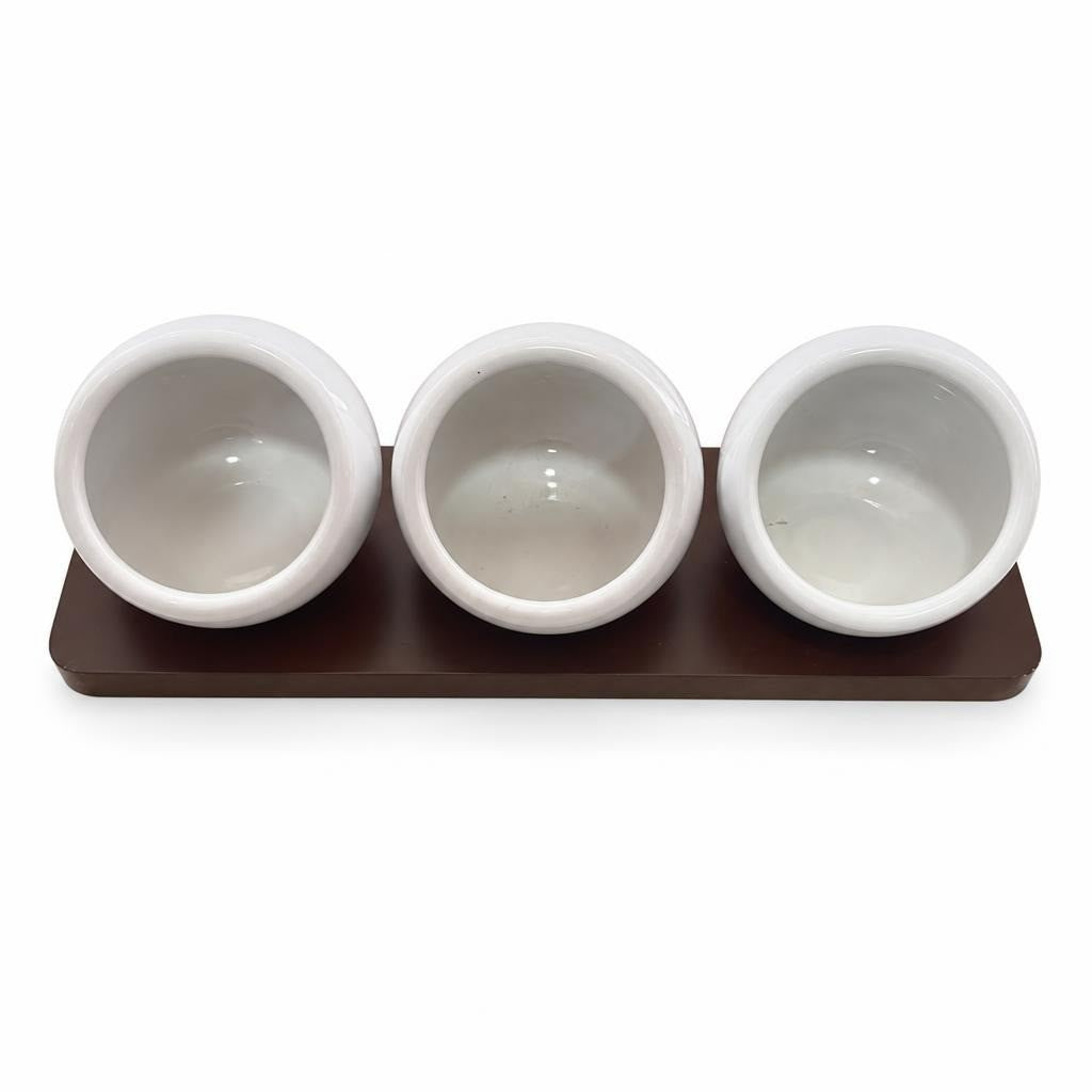 3 White Ceramic Bowls on Dark Wood Tray - pre-loved at Why Go Less, Lebanon