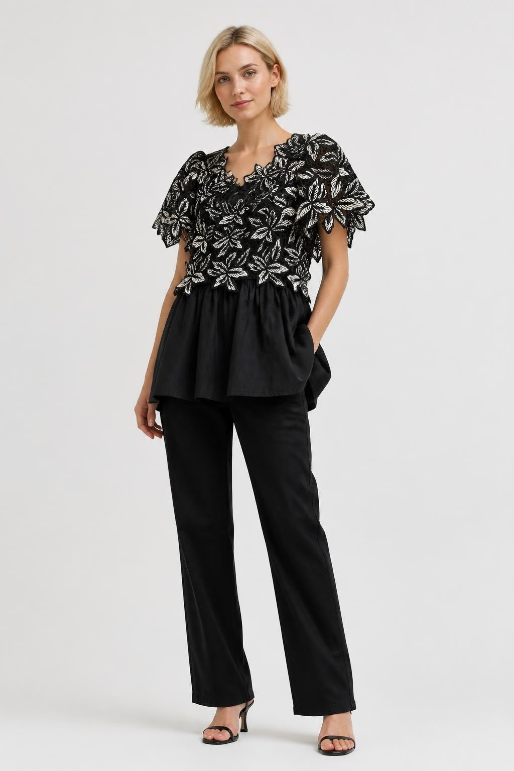 Black Floral Embroidered Peplum Top - pre-loved at Why Go Less, Lebanon