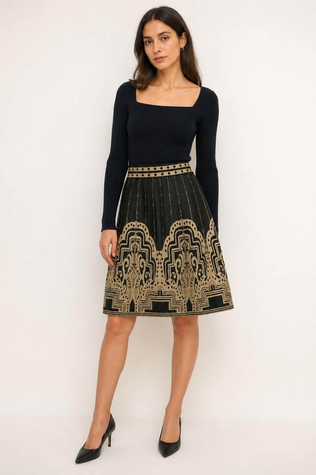 Black & Gold Baroque Jacquard A-line Skirt - pre-loved at Why Go Less, Lebanon